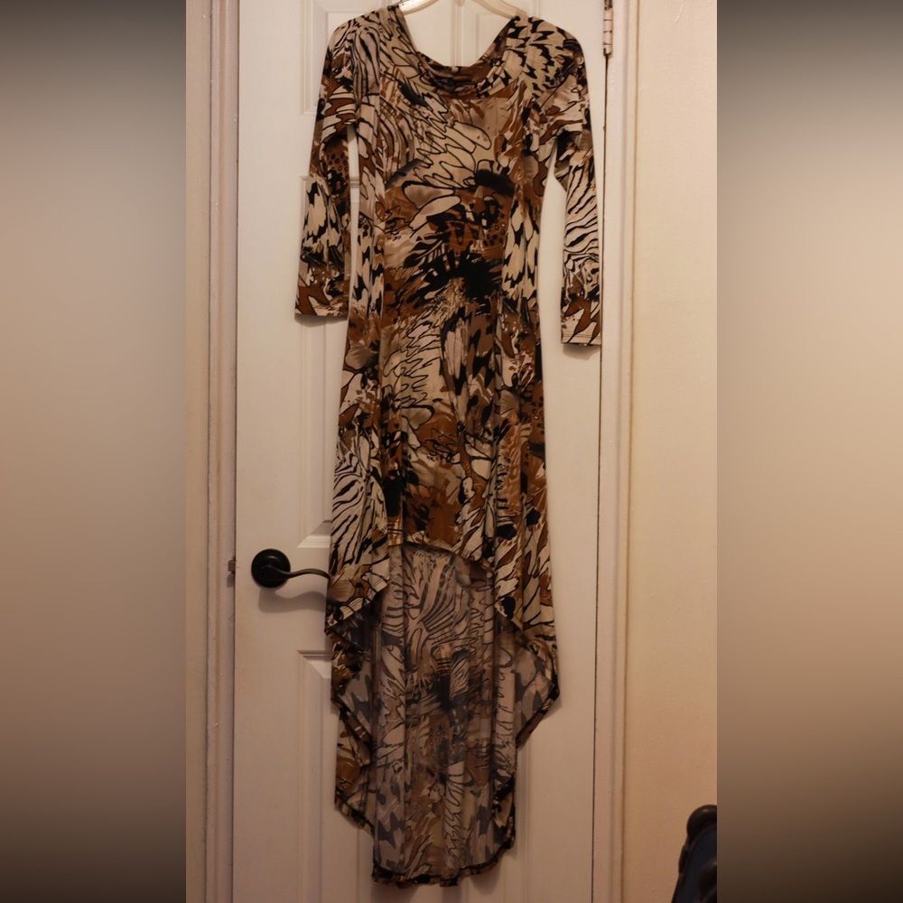 Sheer Abstract Print High Low Dress Brown Black Size M